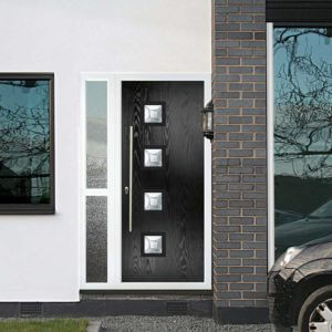 Black composite door with 4 glass glazing cassettes and chrome handle bar